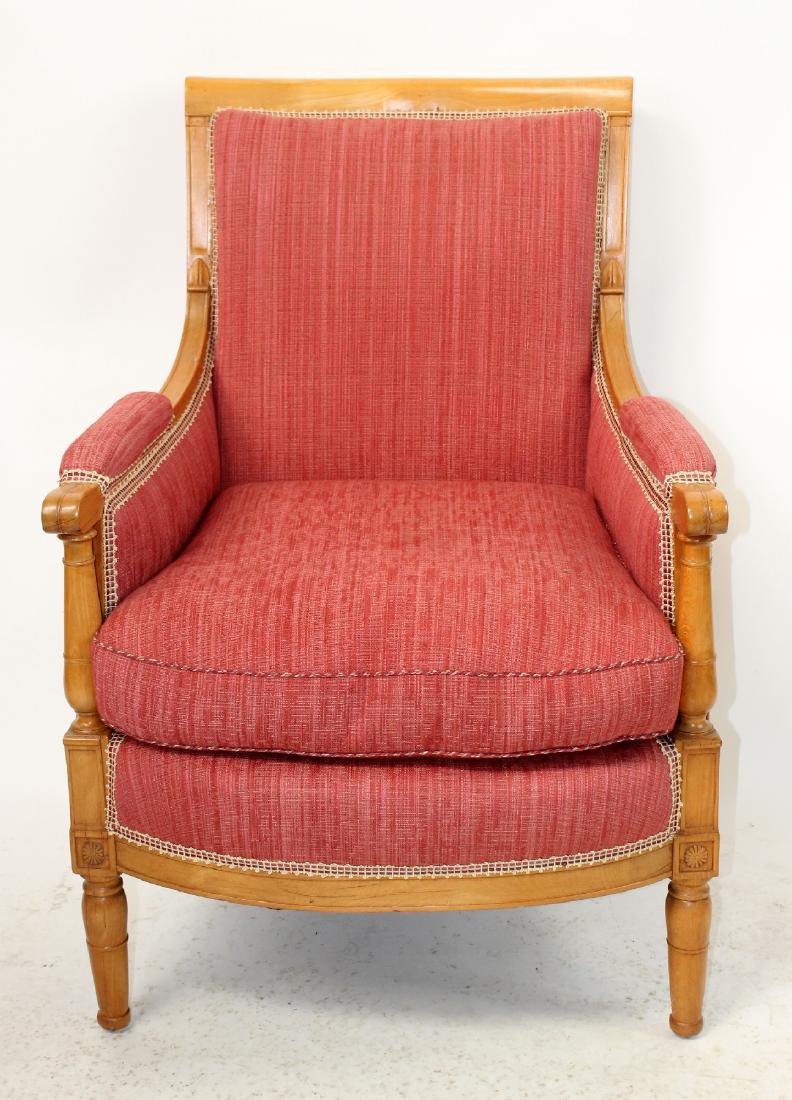 French Louis XVI bergere: French Louis XVI style bergere in maple. Mid 20th century. 39"h x 27"w