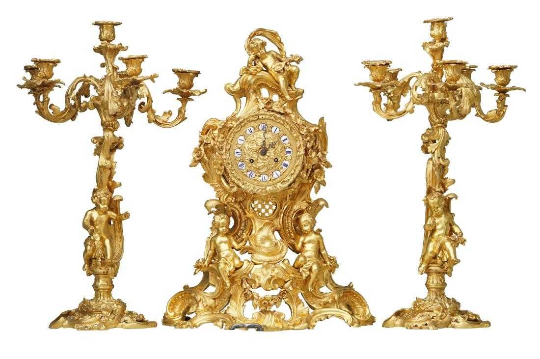 French Louis XV gilt bronze 3pc garniture clock set (1 of 9)