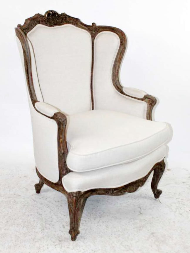 French Louis XV style curved bergere: French Louis XV style curved bergere. Carved walnut frame with partial paint finish. Re-upholstered. 42 1/2"h x 29"w x 24"d