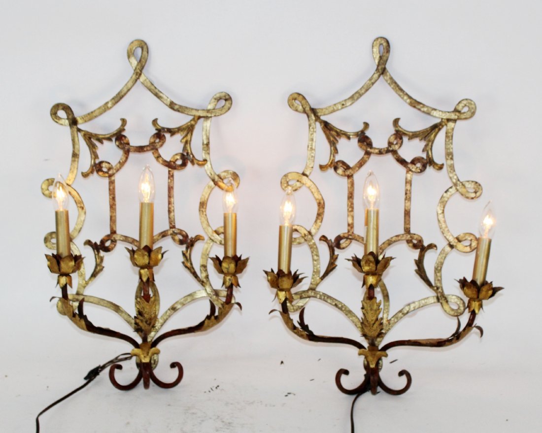 Pair Chinese Chippendale gilt sconces with leaf detail (1 of 6)