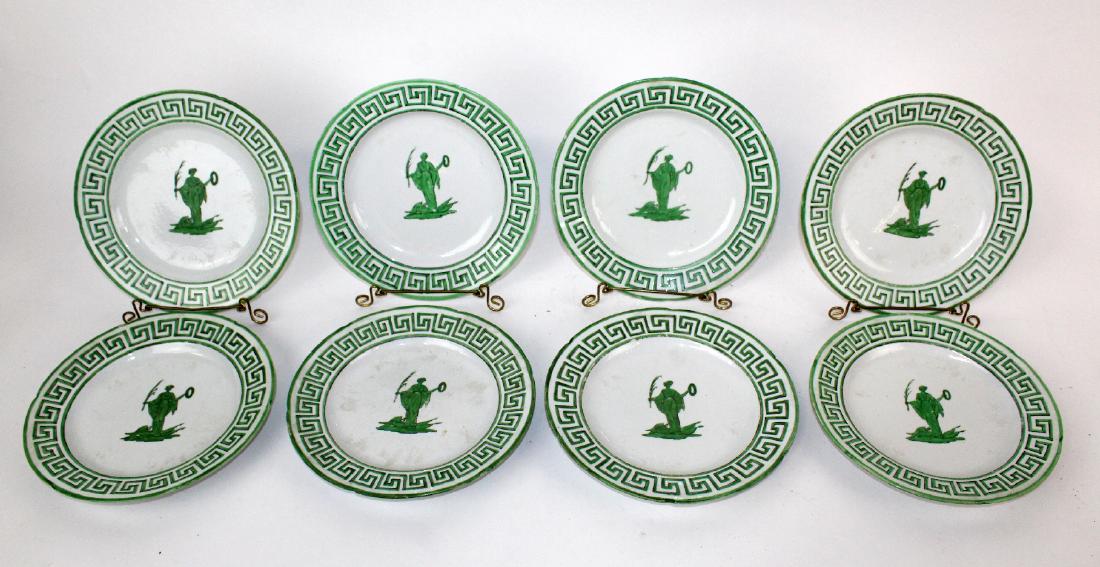 Lot of 8 green & white plates with greek key design.: Lot of 8 green & white plates with greek key design. minor chips around the edge. 9 1/2"diam