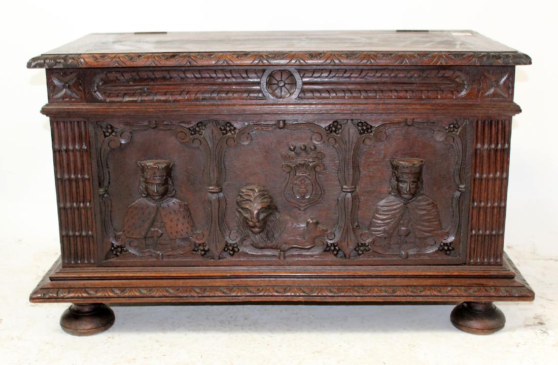 French carved oak trunk with crest and lion (1 of 9)