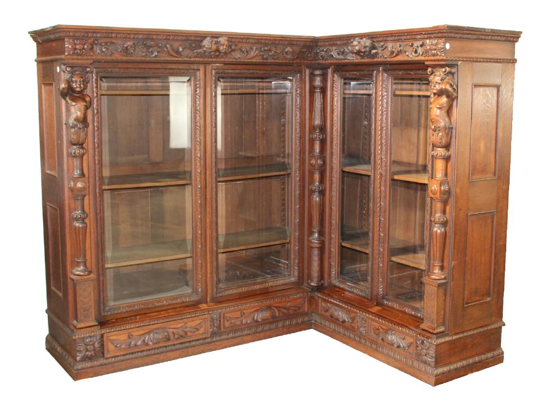 French carved oak L-shaped bookcase (1 of 8)