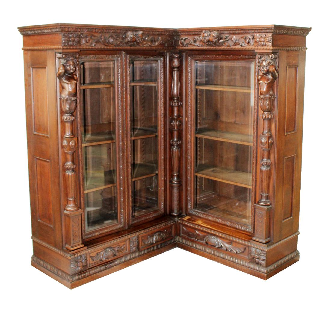 French carved oak L-shaped bookcase (1 of 8)