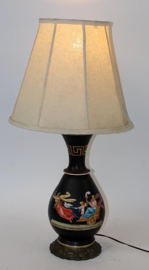 French hand painted porcelain lamp: French hand painted porcelain lamp with chariot scene. 32"h x 9" dia