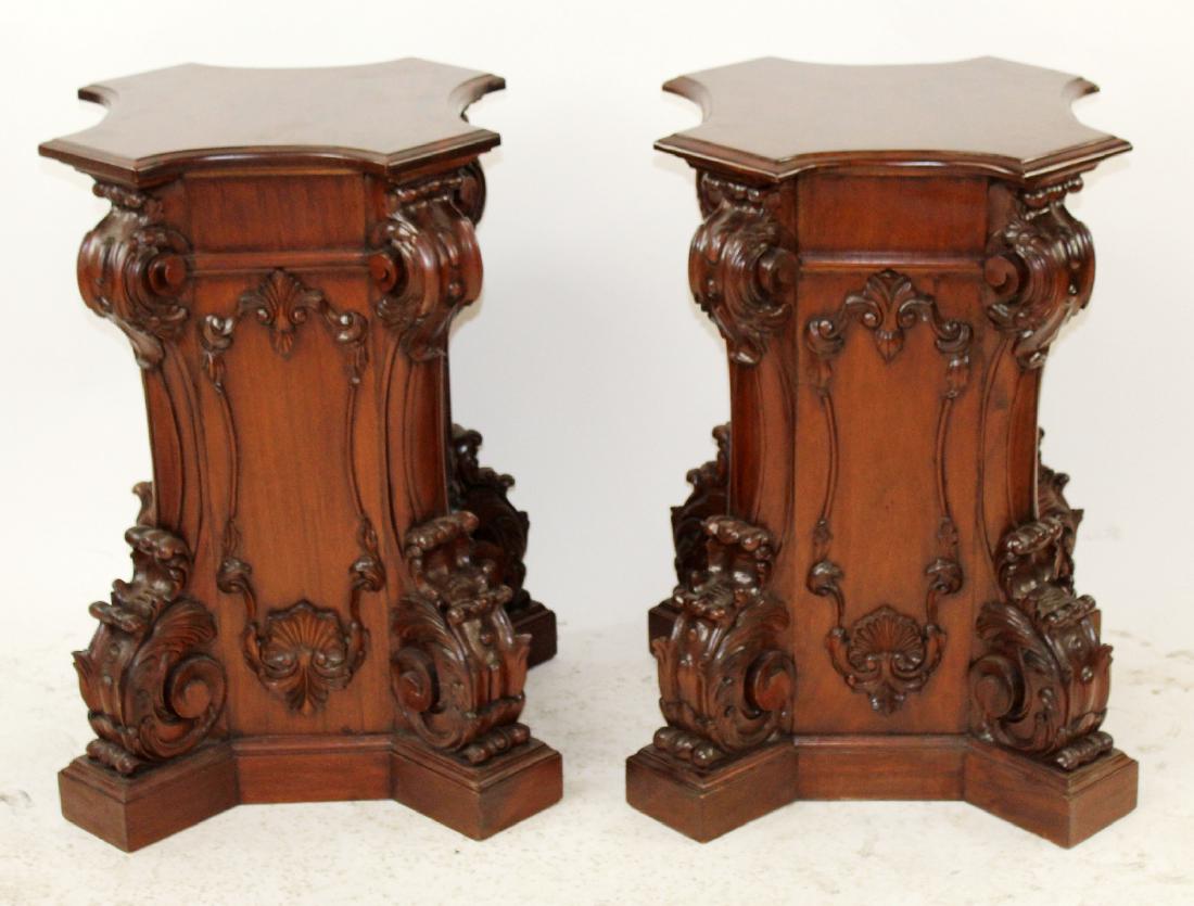 Pair Rococo style carved mahogany pedestals: Pair of Rococo style carved mahogany pedestals. 32"h x 21" sq