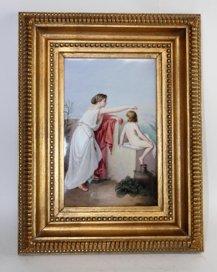 German porcelain KPM plaque: German porcelain KPM plaque with classical scene. 5 1/8" x 8". Framed 10" x 13 1/4"