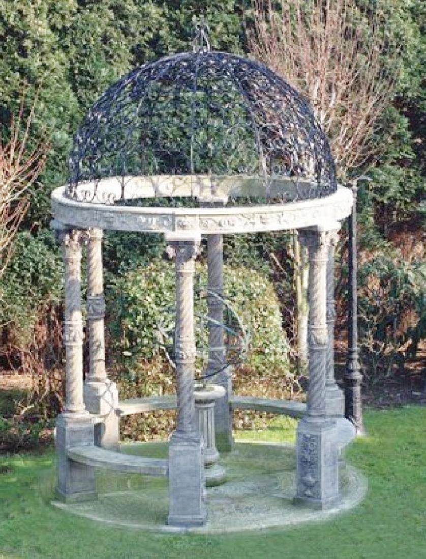 Belgian cast stone 10' gazebo with wrought iron dome: Belgian cast stone gazebo with wrought iron dome. Lot does not include the sundial shown in photo. 14'h x 10'dia