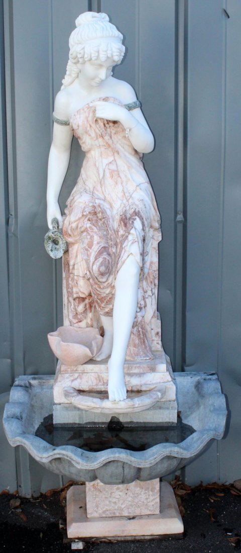 Tri-color figural marble figural statue: Tri colored marble fountain depicting "Rebecca at the well." 70"H x 29.5"W x 29"D