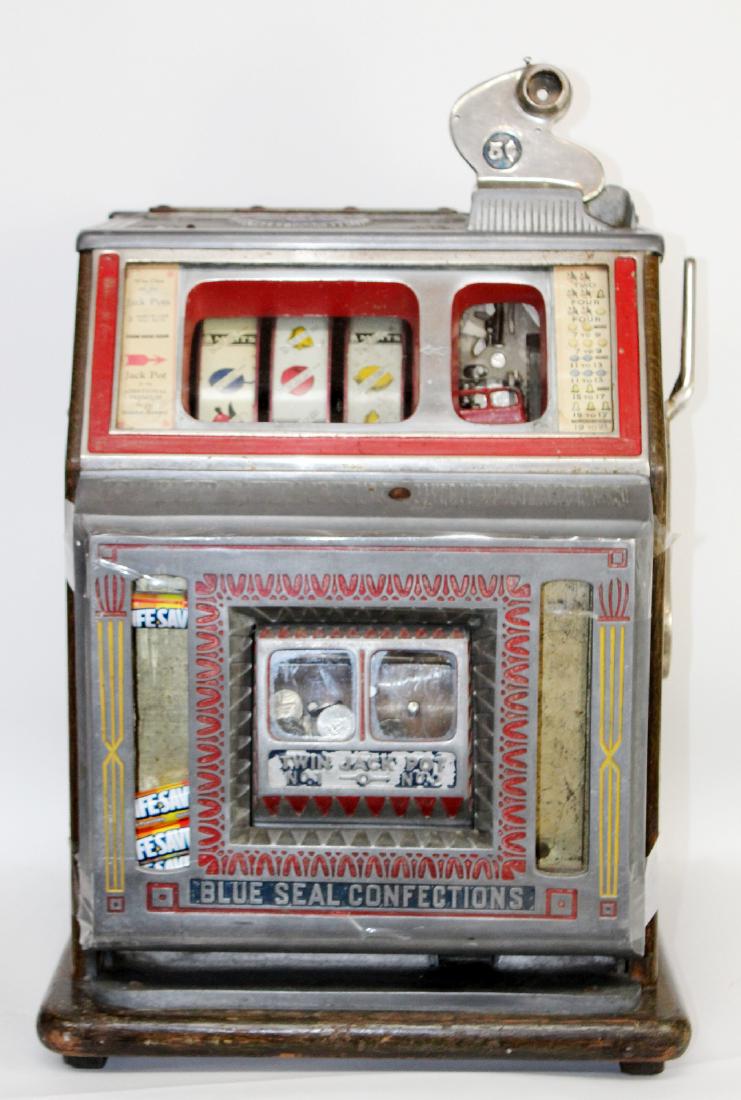 5 Cent Watling Blue Seal Front Vendor Twin slot machine: 5 Cent Watling Blue Seal Front Vendor Twin Jackpot Gooseneck Bell Slot Machine c1931 24"h x 17"w x 16"d