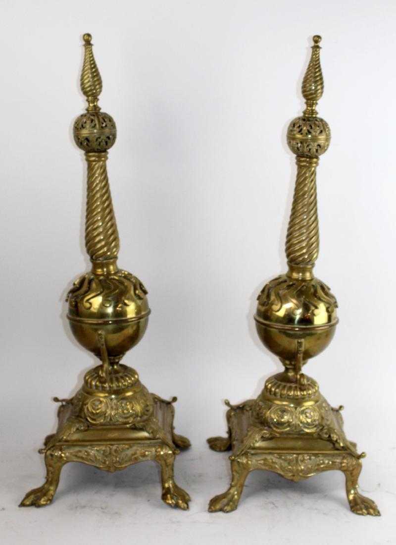 French polished bronze finial form andirons: Pair of French polished bronze finial form andirons on paw feet. Late 19th century. 32"h x 12 1/2"sq