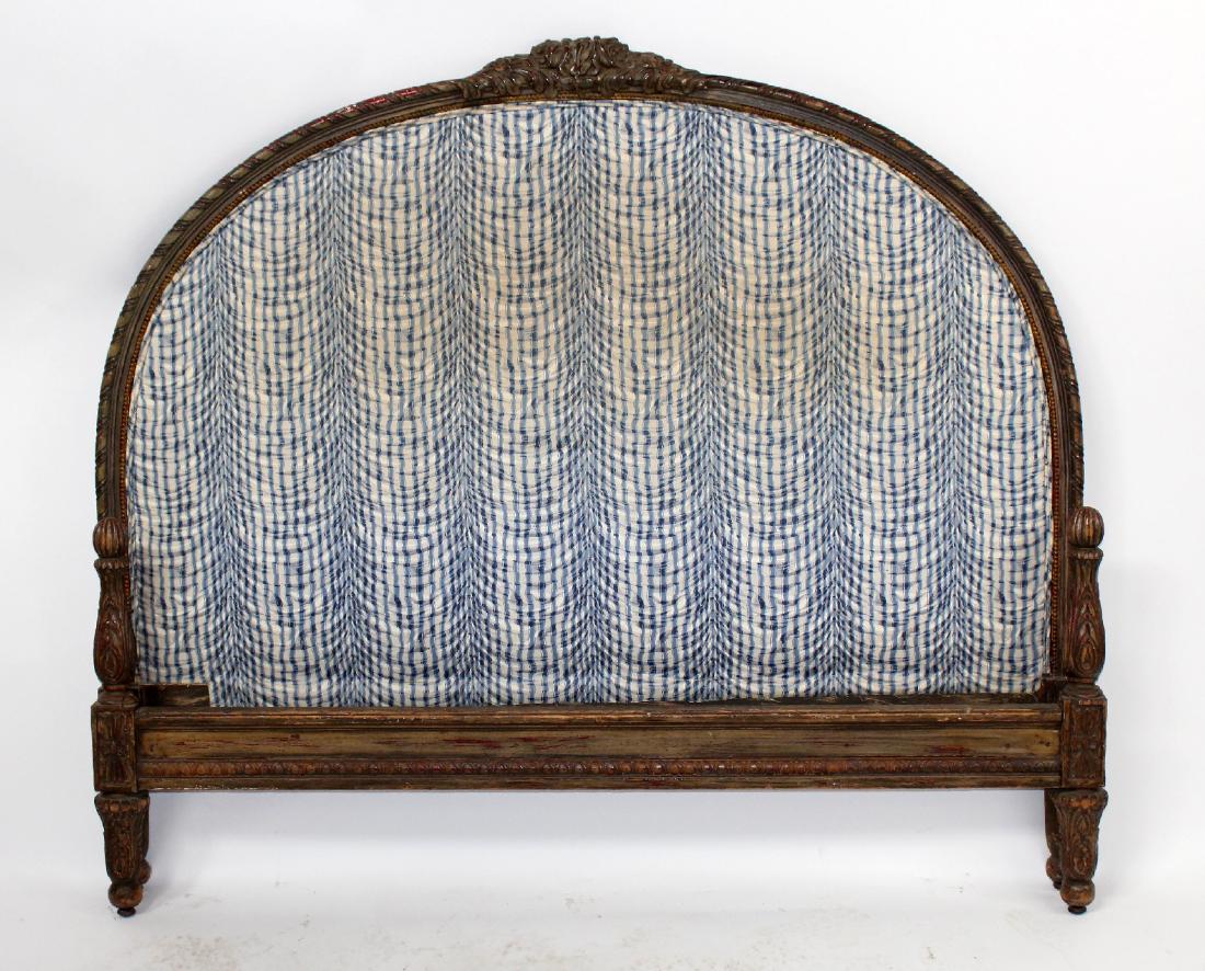 Louis XVI style bed with upholstered headboard: Louis XVI style painted full sized bed with blue & white upholstered headboard. Headboard, footboard & rails. Early 20th century. 49"h x 57"w Inside dimension 54"w x 74 1/2"long