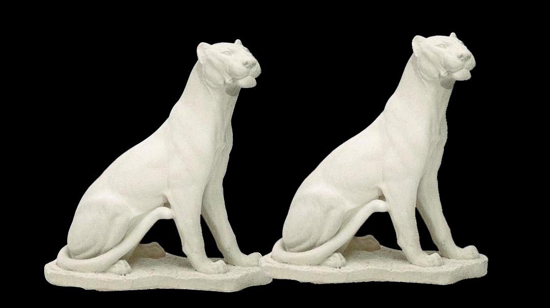 Set of 2 seated cast stone panthers: Set of 2 seated cast stone panthers. 32"H x 29.5"W x 14"