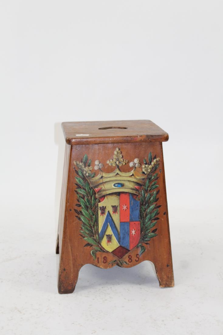 French painted pine stool with painted crest (1 of 4)