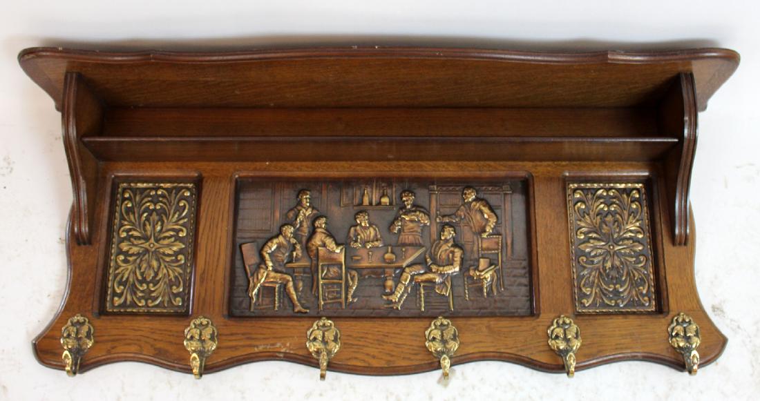 Belgian oak coat rack with embossed plaque (1 of 3)