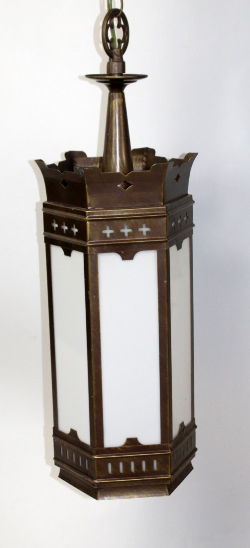 American Art Deco brass & glass theater light: American Art Deco brass & milk glass hexagonal theater light. Mid 20th century. 32"h x 11"dia (67"long chain)