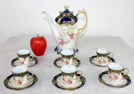 RS Prussia porcelain demi-tasse set for 6: RS Prussia porcelain demi-tasse set for 6 with coffee pot. 9 1/2"h x 9"w