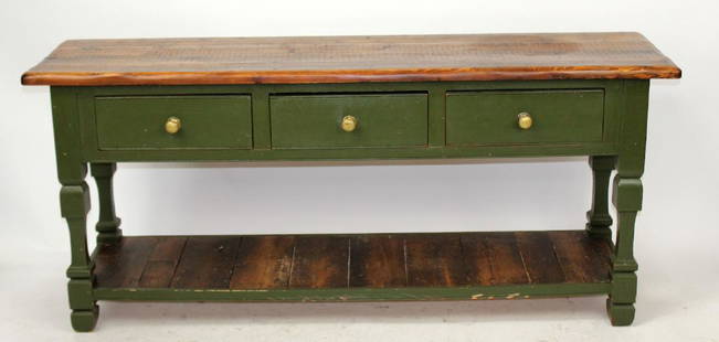 Rustic plank top console with drawers: Rustic plank top console table with 3 drawers. 31 1/4"h x 71 1/2"l x 19 1/2"d