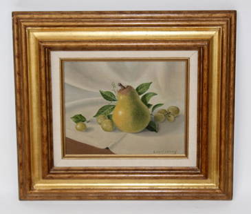 Eda V Leachy oil on canvas fruit still life: Eda V Leachy oil on canvas fruit still life signed lower right. 8"h x 10"w