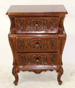 Carved mahogany bombe small chest of drawers: Carved mahogany bombe small chest with 3 drawers. 27 1/2"h x 19 1/2"w x 12 1/2"d