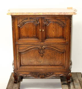 French Provincial carved oak bar cabinet: French Provincial carved oak bar cabinet with marble top. Early 20th century. 41 1/4"h x 41"w x 18"d