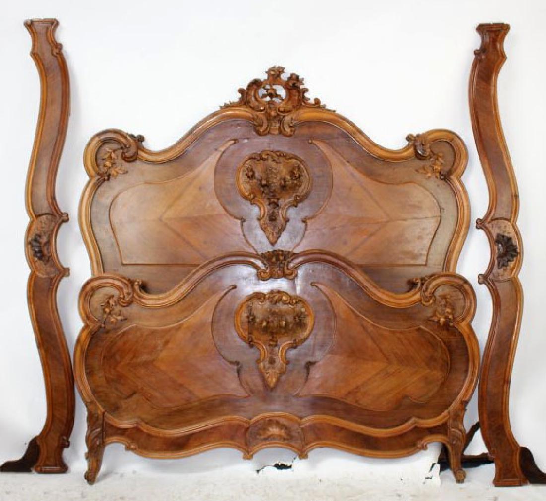 French Louis XV style carved walnut bed: French Louis XV style carved walnut bed with roses. Late 19th century. 68"h x 64"w, rails are 74"l
