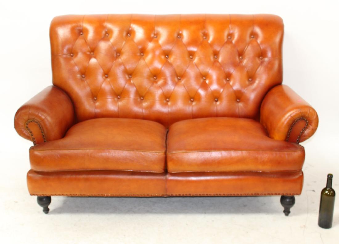 Vintage English tufted leather loveseat: Vintage tufted leather loveseat. 40"h x 64"w x 32"d