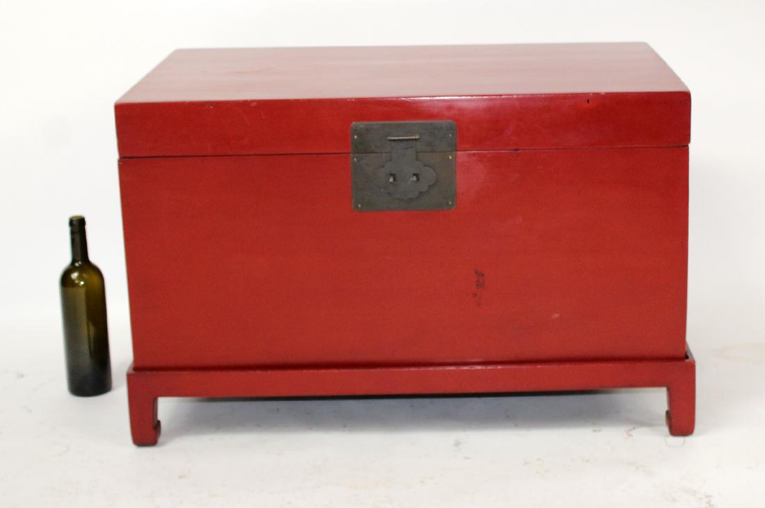 Red lacquered Chinese trunk on base (1 of 5)