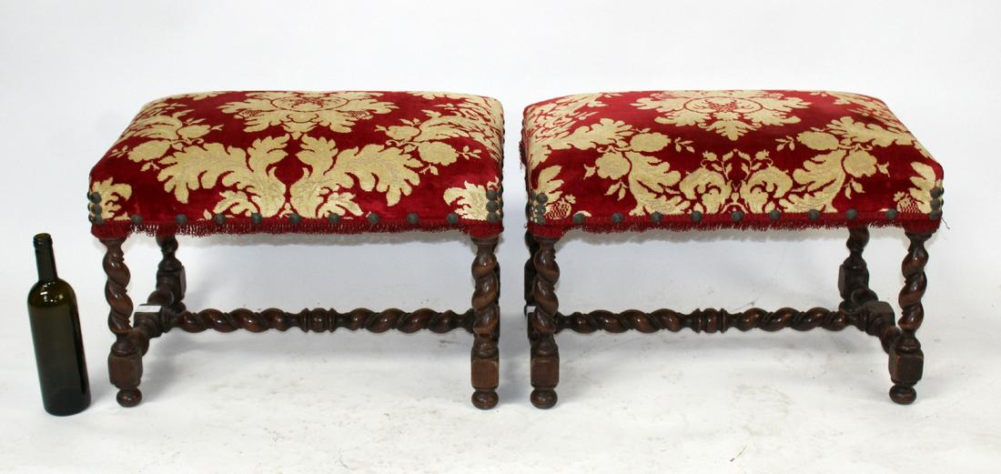 Pair French upolstered foot stools with barley twist (1 of 5)