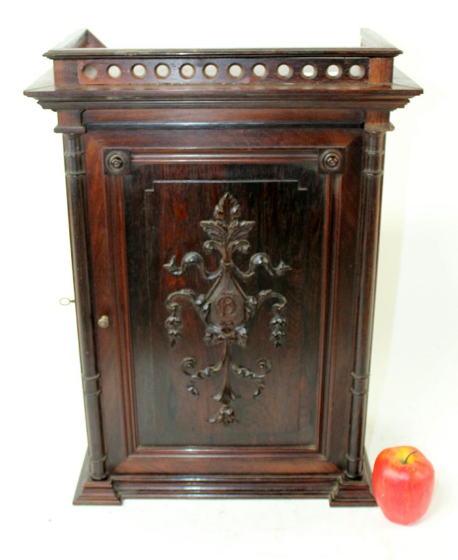 French Napoleon III rosewood cigar cabinet: French Napoleon III rosewood cigar cabinet. Side lock with key. Late 19th century. 22"h x 16"w x 9"d