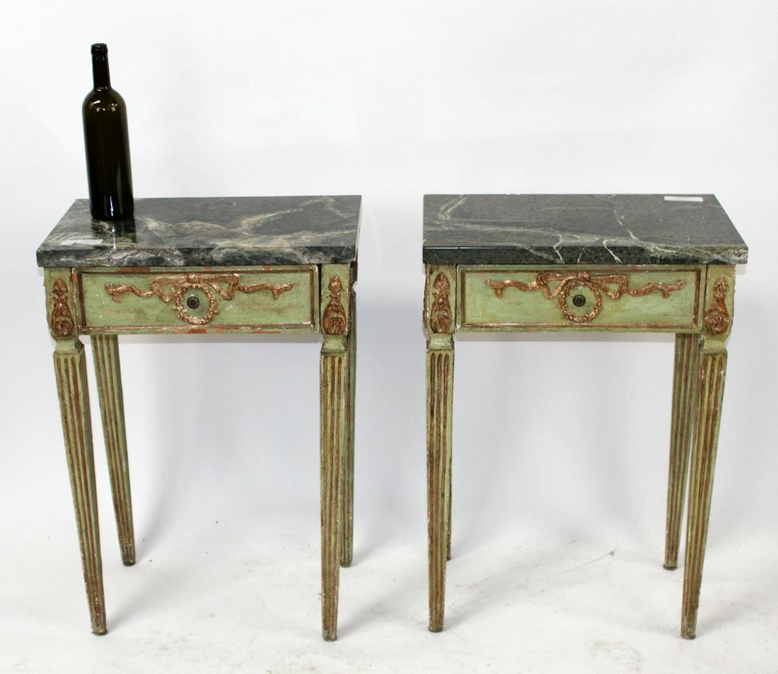 Pair of Italian Louis XVI polychrome console tables: Pair of Italian Louis XVI style polychrome console tables with marble tops. Mid 19th century. 29"h x 20 1/2"w x 12 1/2"d