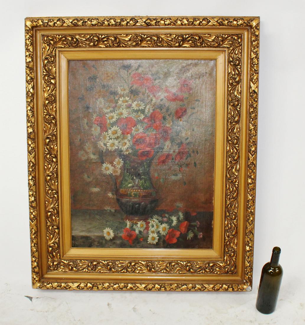 Floral still life oil on canvas by C. Allsseneers: Floral still life depicting tulips and daisies oil on canvas in gilt frame signed lower left C. Allsseneers. Sight size 28 1/2"h x 22 1/2"w. Overall 40 1/2"h x 30 1/2"w