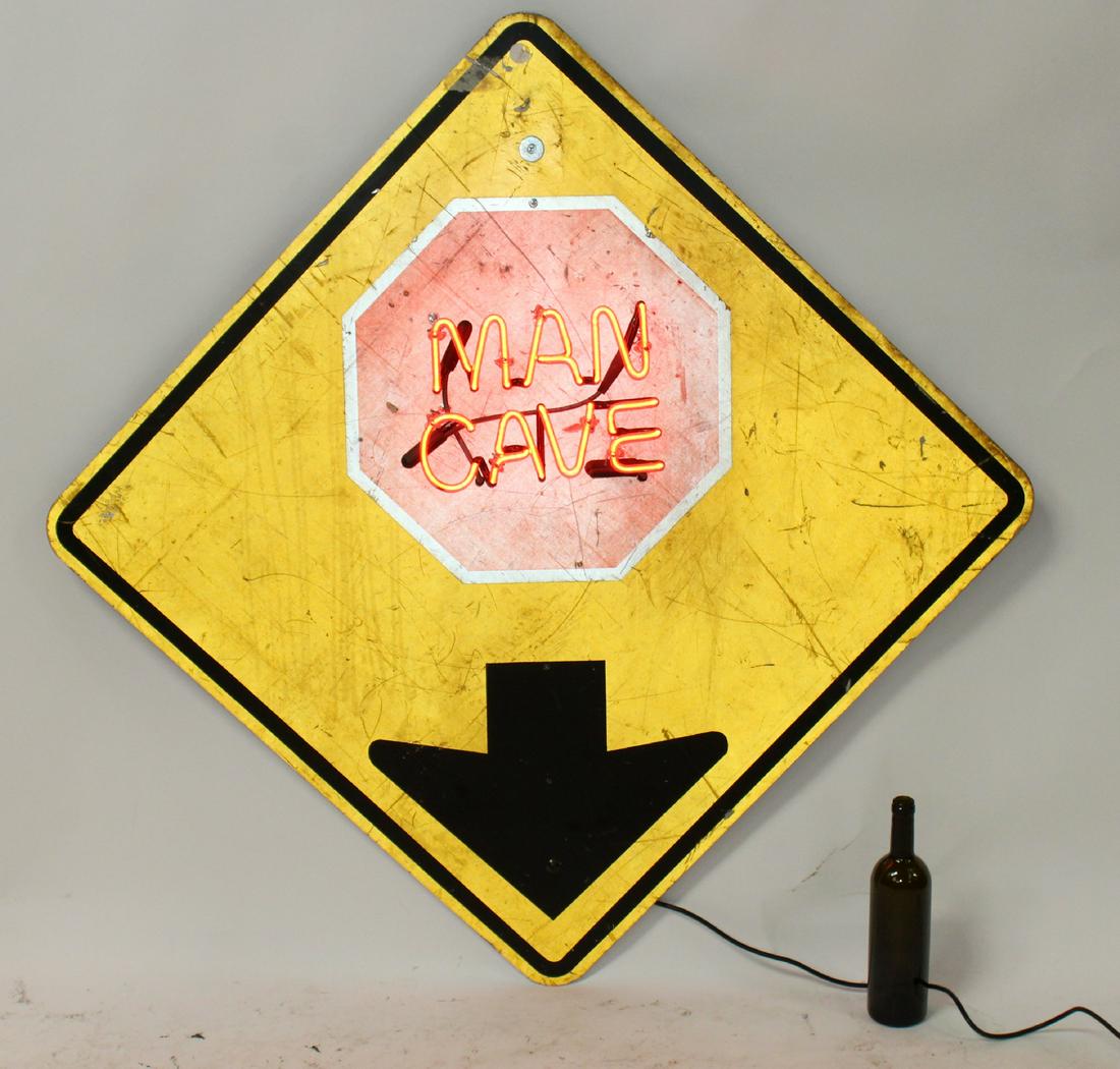 Man Cave neon sign on metal yellow street sign (1 of 4)