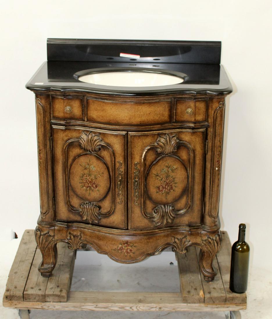 Ambella painted sink vanity with marble top: Ambella painted sink vanity with marble top. 21st century. 34"h x 32"w x 24"d