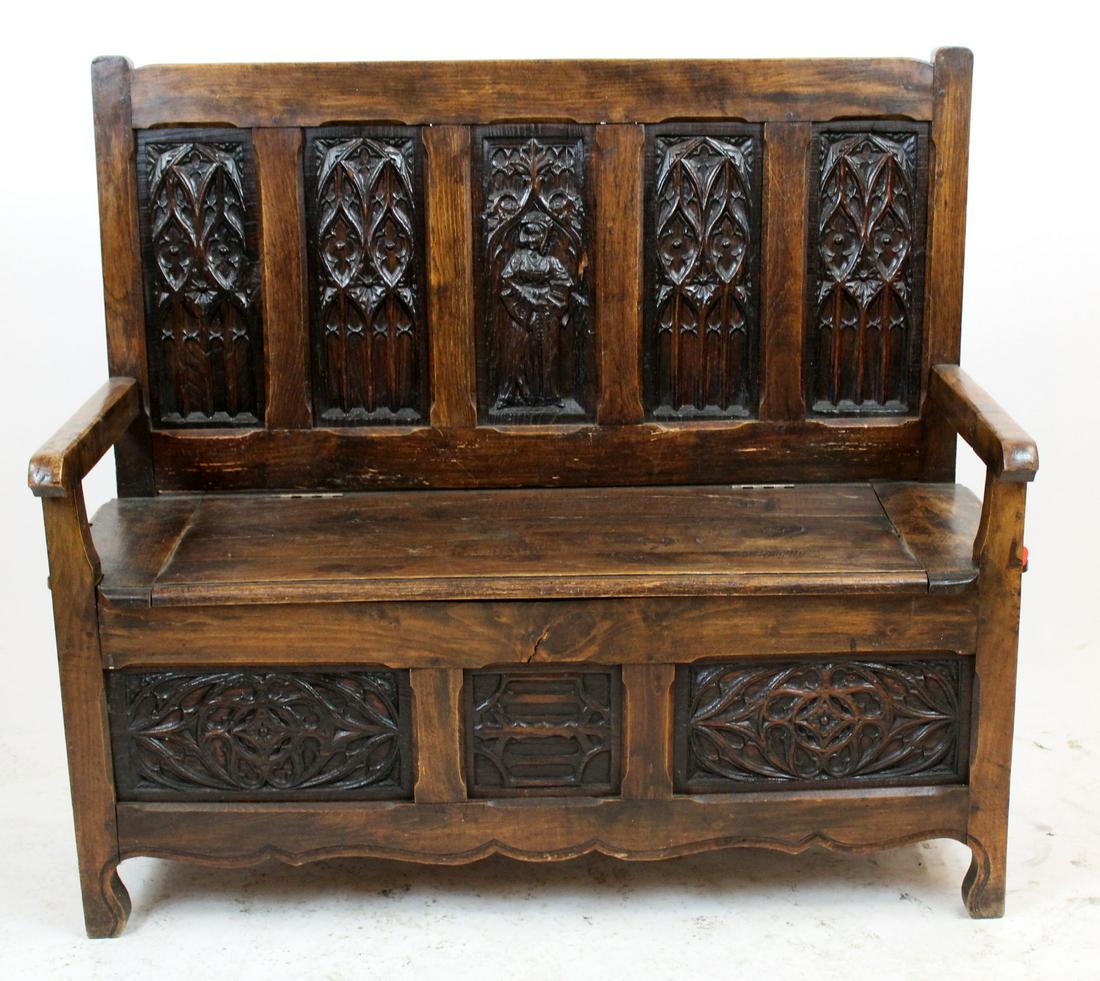 French Gothic carved walnut hall bench (1 of 4)