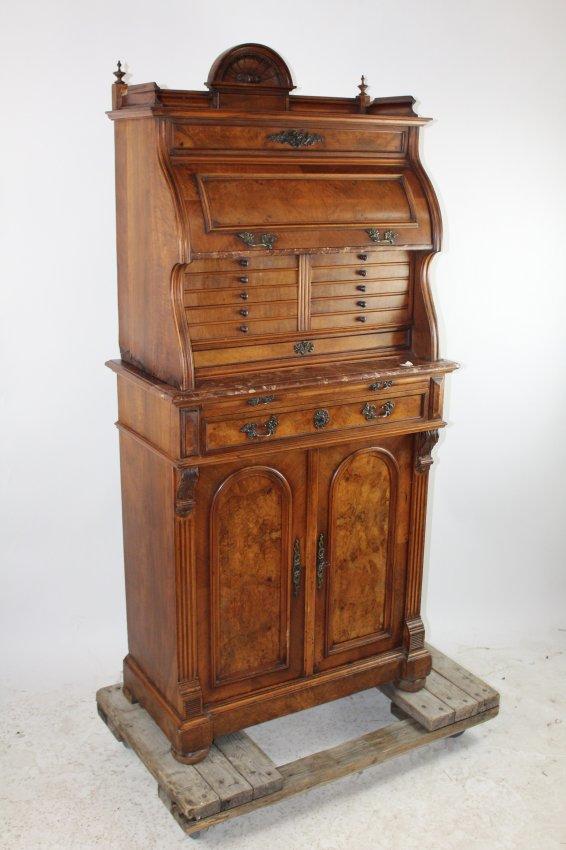 French Renaissance dental cabinet: French Renaissance dental cabinet in walnut with rouge marble top. 19th century. 62 1/2"h x 32 1/2"w x 17 1/4"d