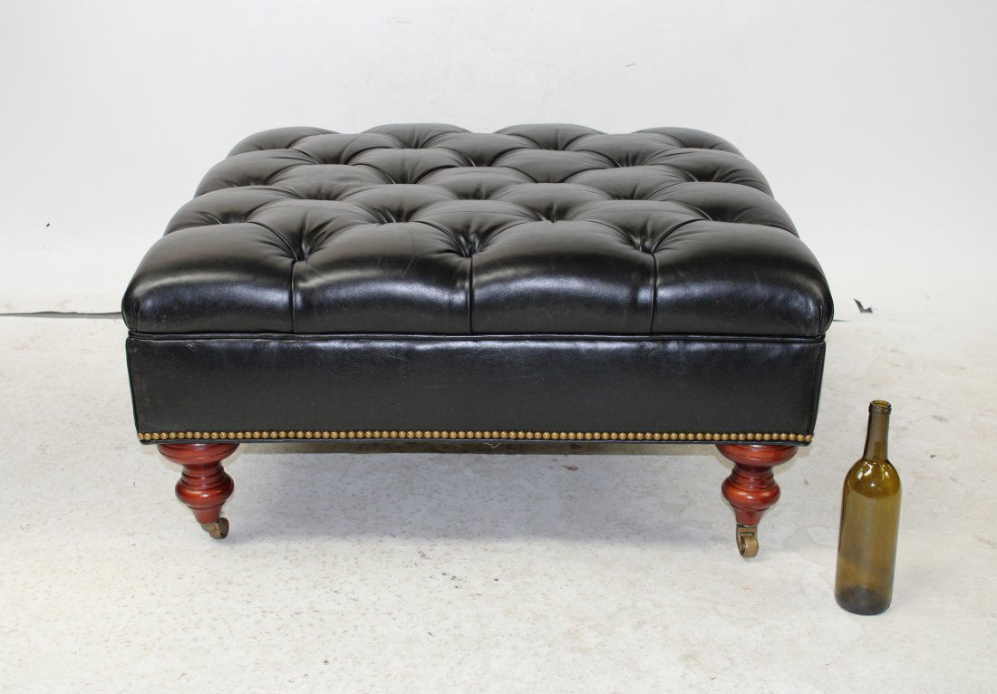 Leather tufted square ottoman on casters (1 of 4)