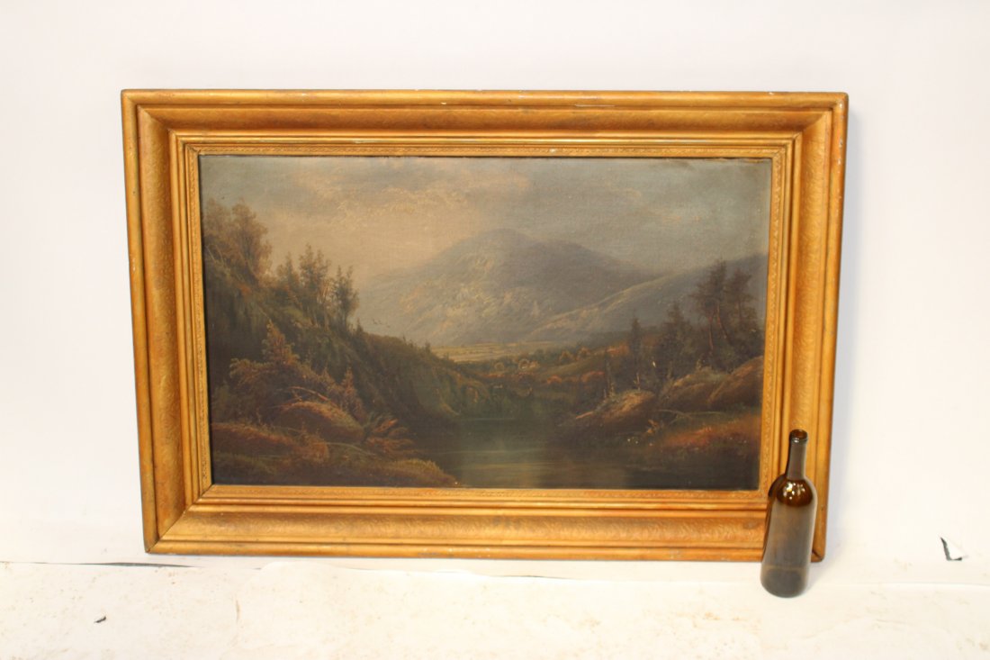 Hudson River school style oil on canvas landscape: Hudson River School style oil on canvas landscape painting. In gilt frame. Late 19th century. Sight size 22"h x 36"w