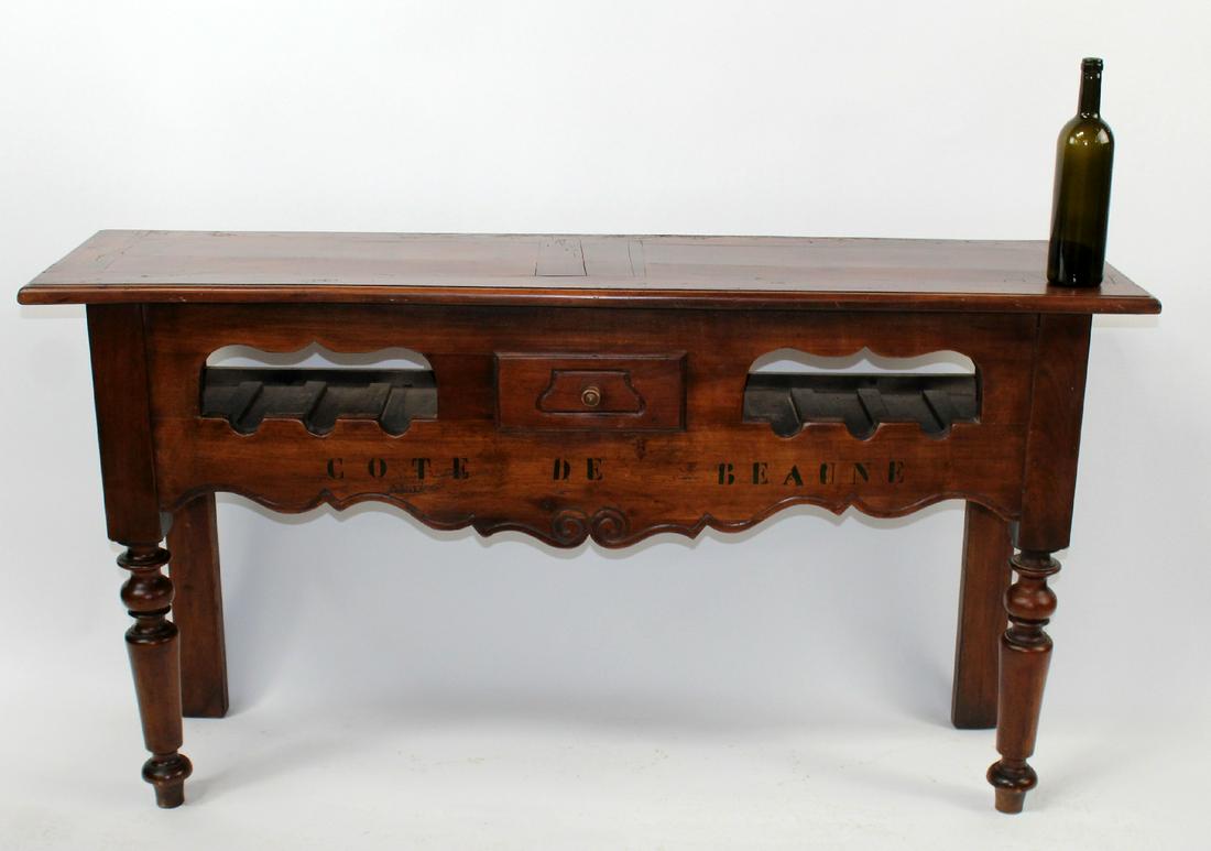 French Provincial style wine console table: French Provincial style wine console table. Marked Cote de Beaune. 31 1/2"h x 59"w x 15"d