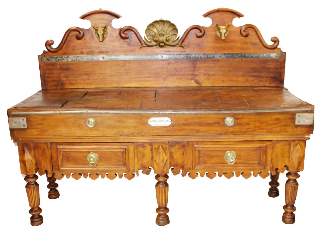 Antique French butcher block with steer heads (1 of 15)