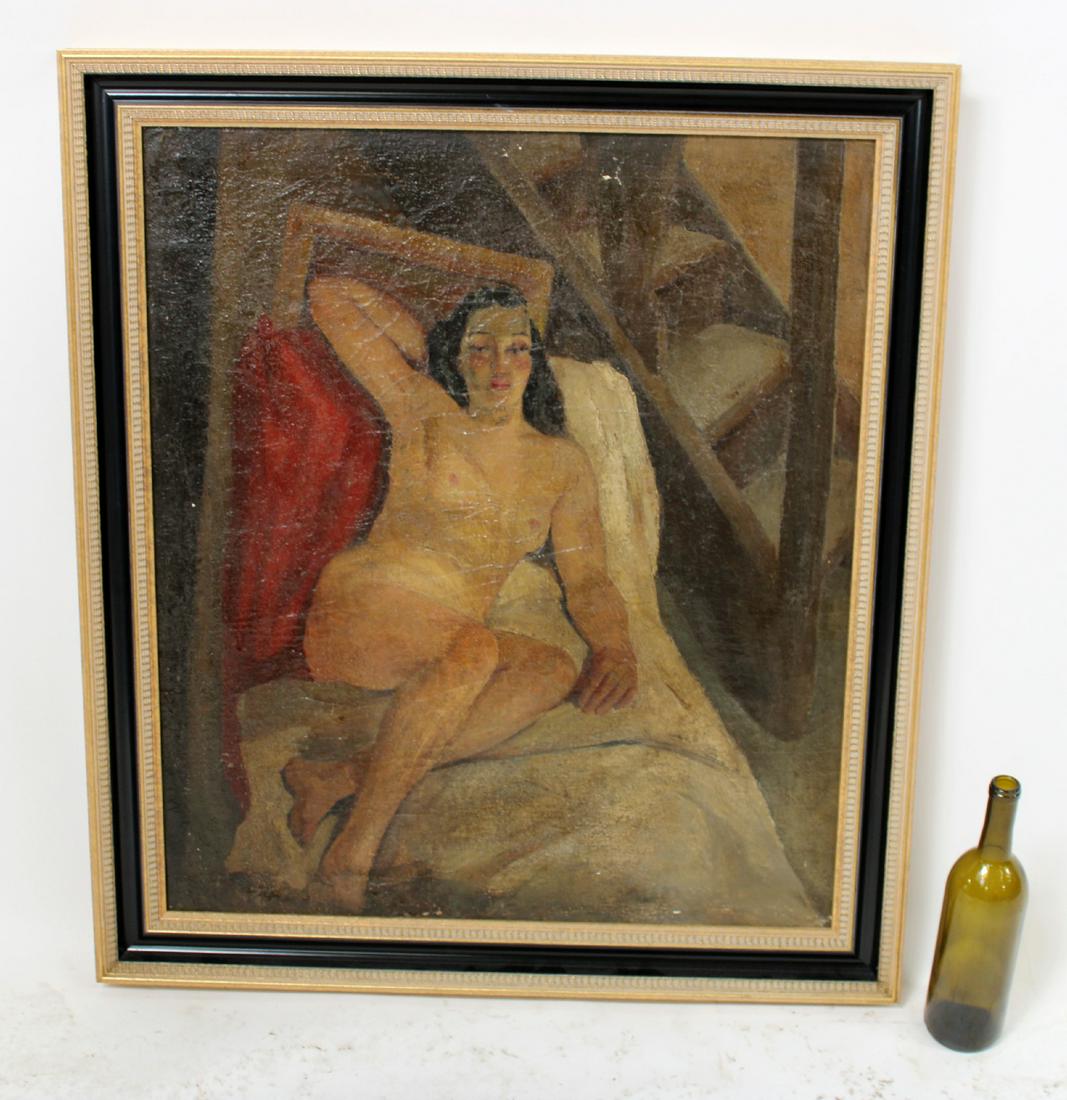 Post-Impressionist French oil on canvas portrait woman: Post Impressionist oil on canvas painting portrait reclining nude woman in the style of Paul Gauguin. French. Unsigned. Late 19th century. 30"h x 26"w