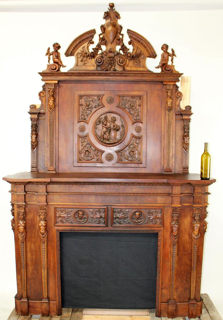 Italian Renaissance walnut fireplace mantel (1 of 9)