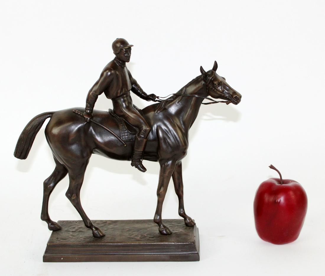 After Ch Valton bronze statue jockey on horse: Bronze sculpture depicting jockey on horse signed in casting CH. Valton. After the original design by Charles Valton (1851-1918) 12"h x 12 1/2"w x 4"d