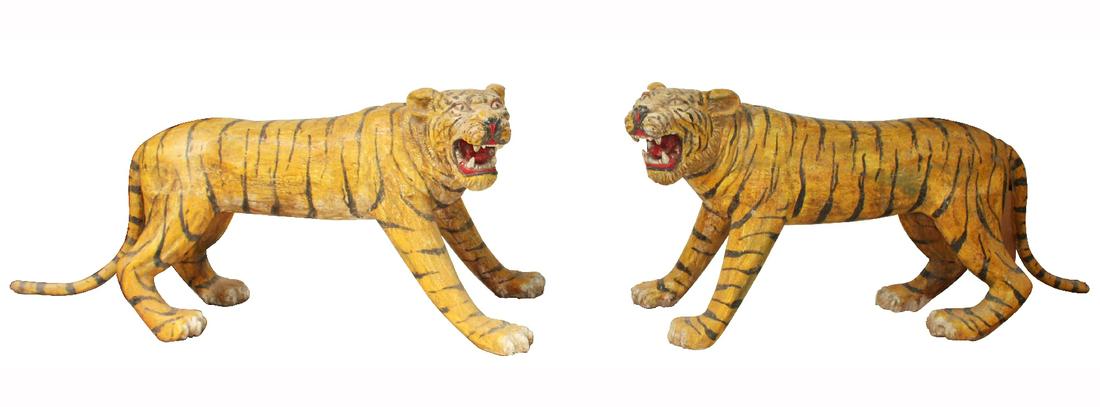 Pair Antique French carved circus tent tigers (1 of 8)