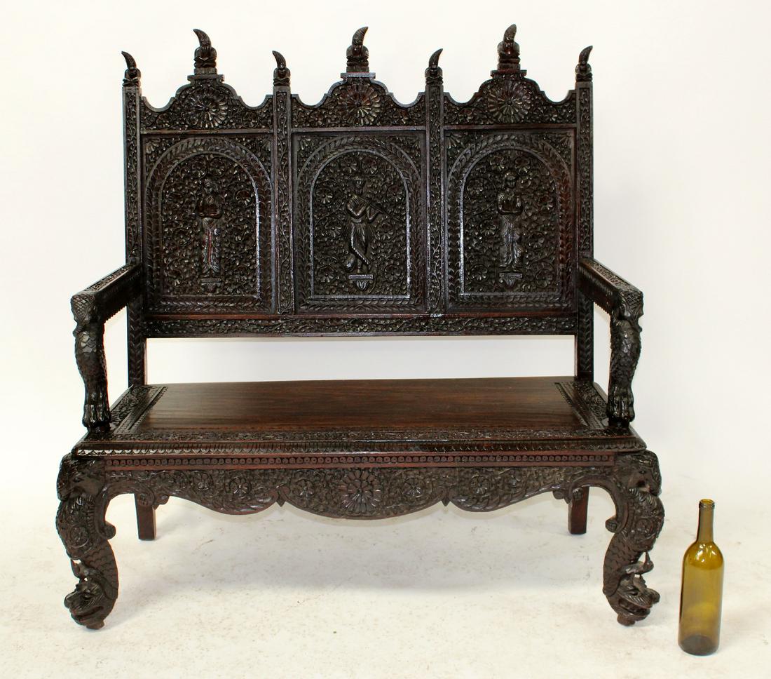 Heavily carved Burmese bench (1 of 8)