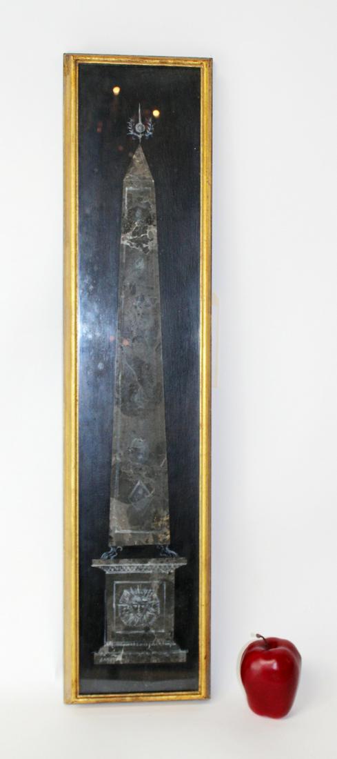 Hand painted obelisk on board in gilt frame: Hand painted obelisk on board in gilt frame. 20th century. painting under glass. 31 1/4"h x 7 1/4"d