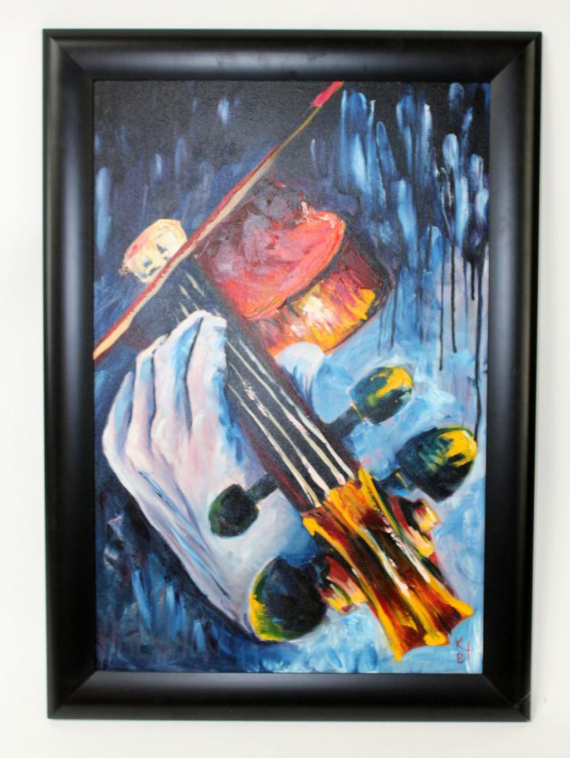 Oil on canvas painting still life with violin: Oil on canvas painting still life with violin. 21st century. 41 1/2"h x 29 1/2"w