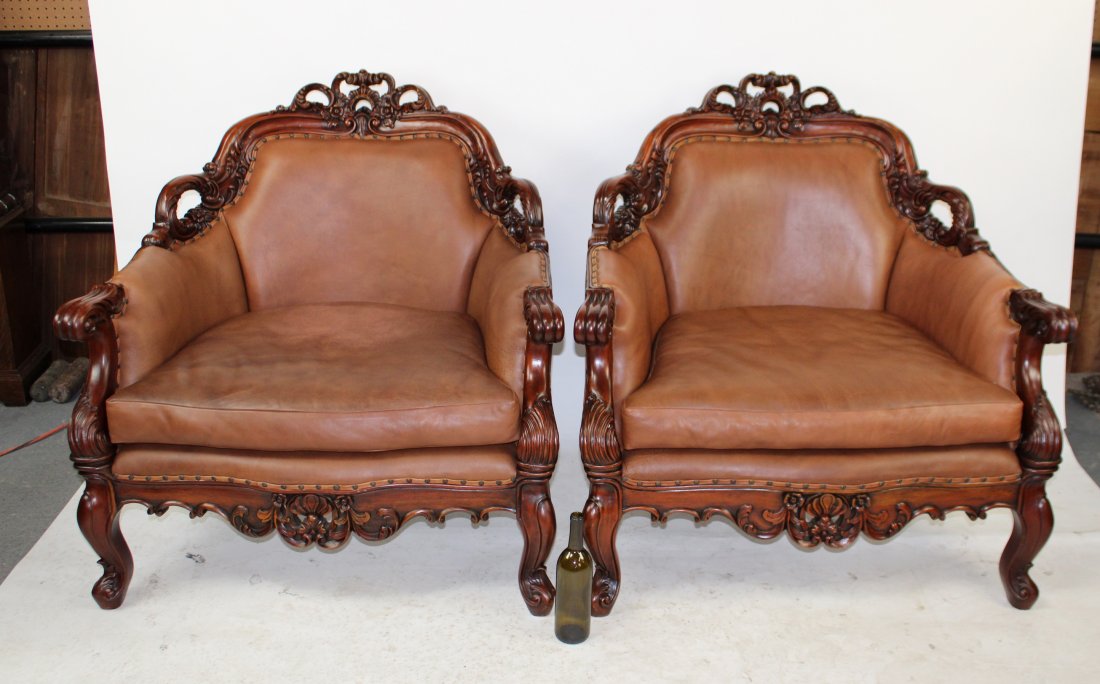 Pair of Rococo style carved mahogany & leather chairs (1 of 7)