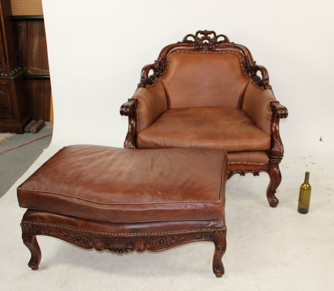 Rococo style carved mahogany & leather chair & ottoman (1 of 7)