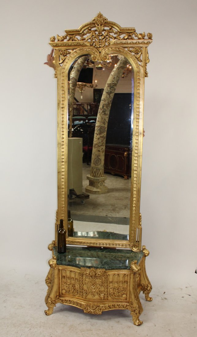 Carved and gilded pier mirror with marble top (1 of 9)